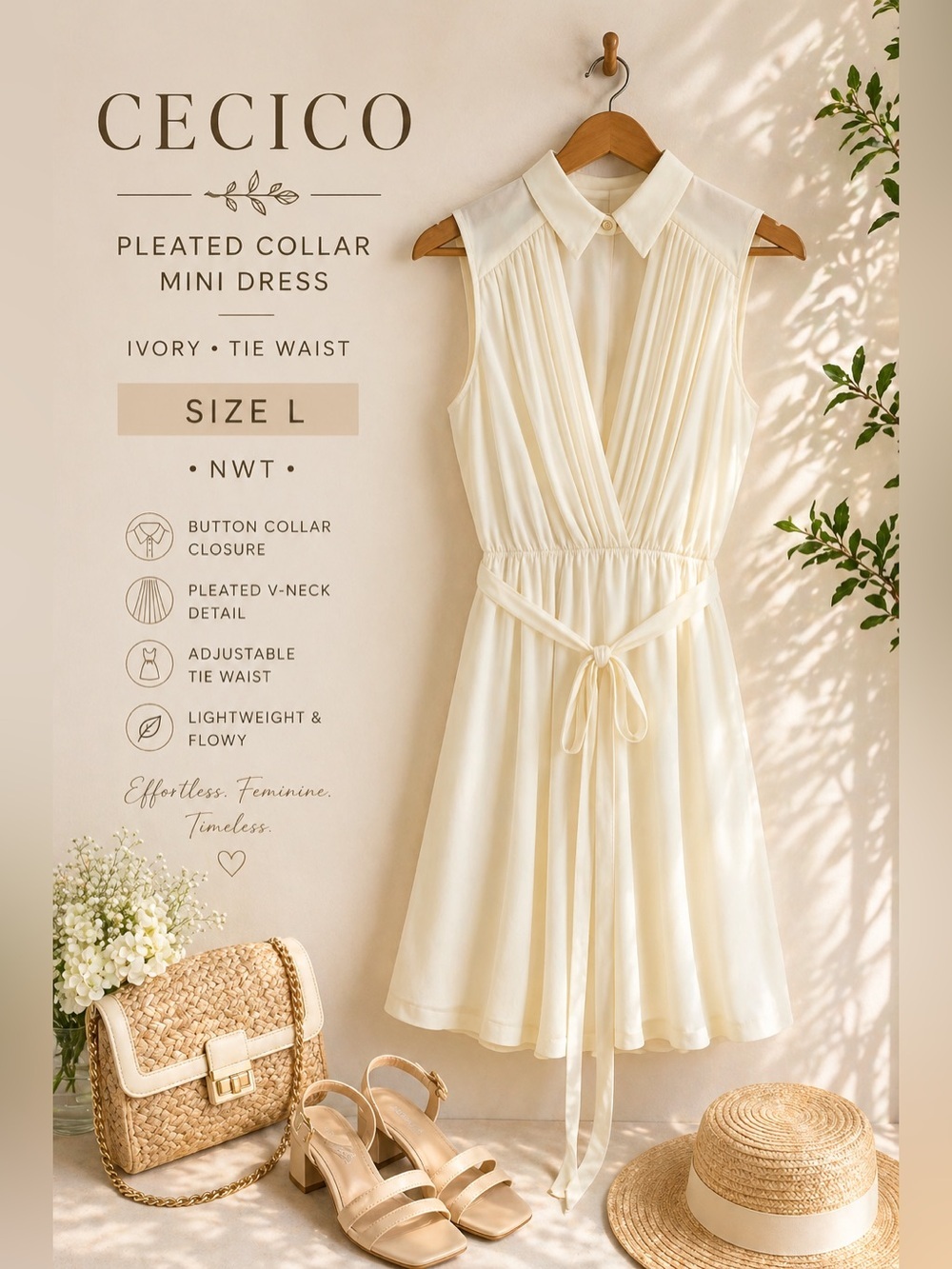 Cecico Ivory Pleated Collar Mini Dress Tie Waist Size L NWT